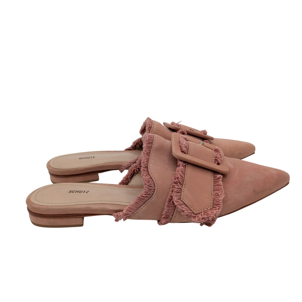 Schutz Mileni Pink Leather Fringed Buckle Pointed Toe Mules Flat Shoe Women 8.5B